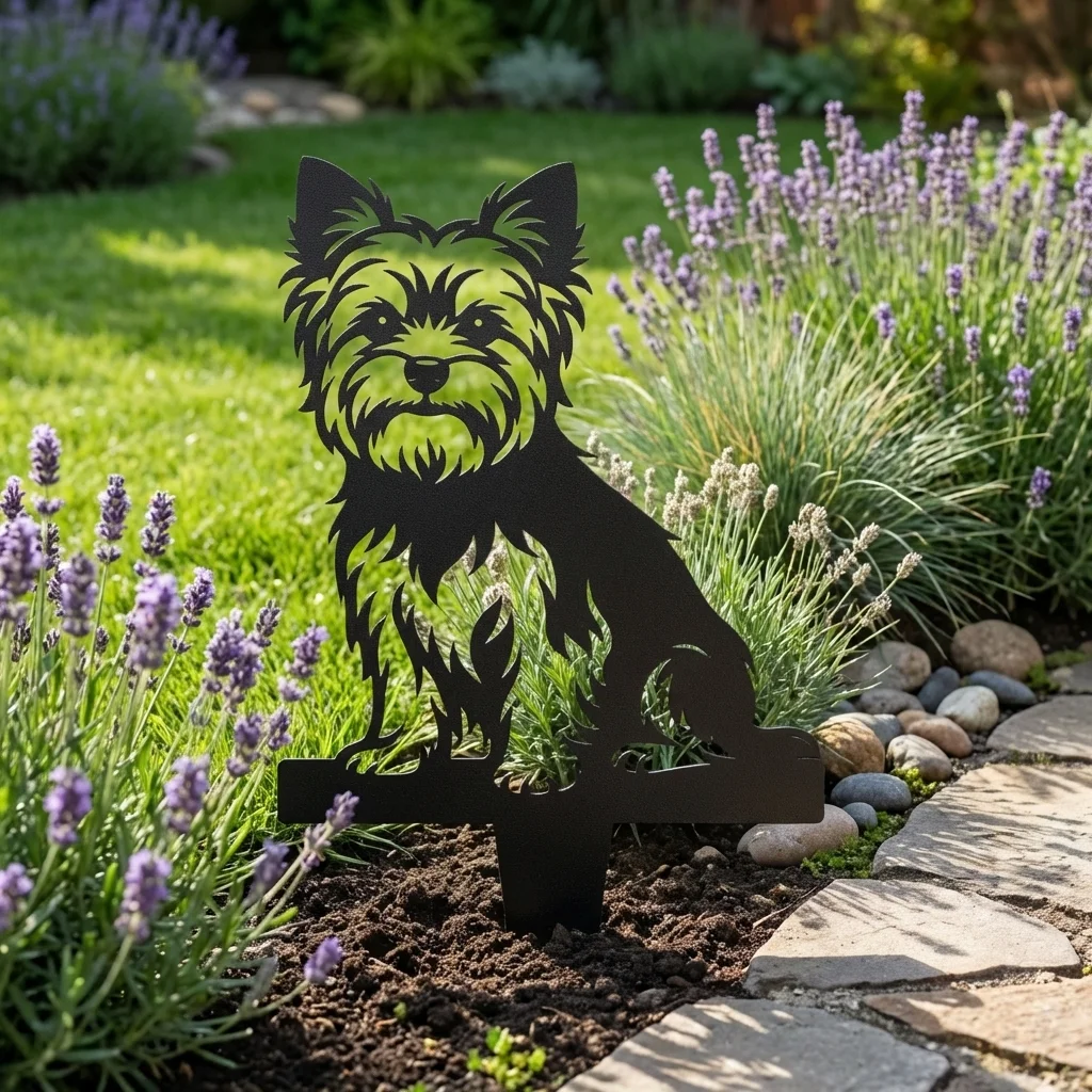 Yorkshire Terrier v2 – Dekoracja Ogrodowa Metalowa do wbicia w ziemię wśród lawendy