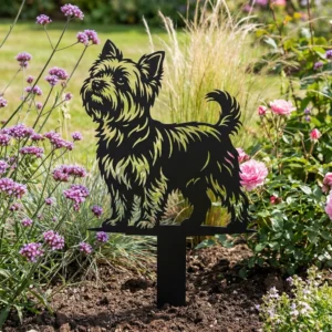 Yorkshire Terrier v5 – Dekoracja Ogrodowa Metalowa wśród kwiatów i traw ozdobnych