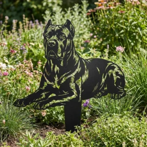 Cane corso – Dekoracja Ogrodowa Metalowa w rabacie z lawendą i trawami ozdobnymi