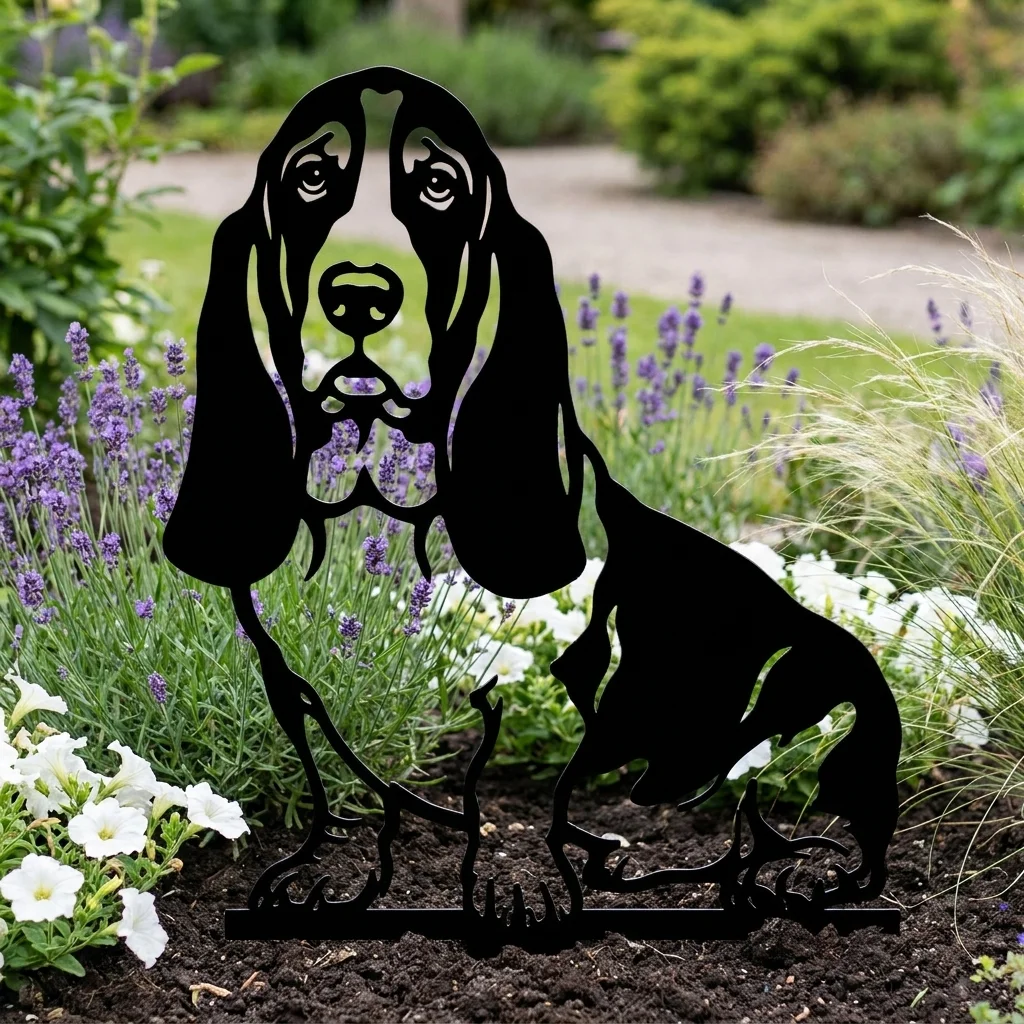 Basset Hound v2 – Dekoracja Ogrodowa Metalowa w rabacie z lawendą