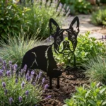 Boston Terrier – Dekoracja Ogrodowa Metalowa w rabacie z lawendą