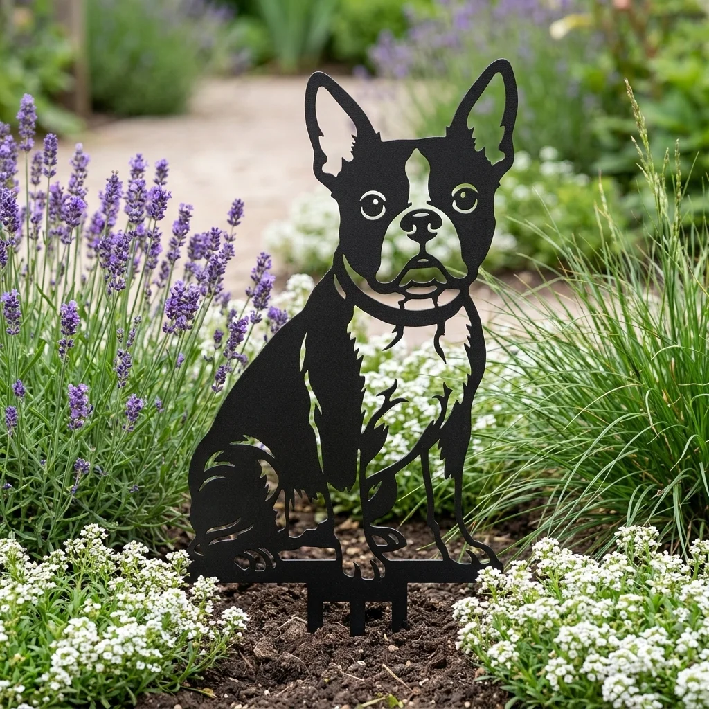 Boston Terrier v2 – Dekoracja Ogrodowa Metalowa w rabacie z lawendą i trawami ozdobnymi