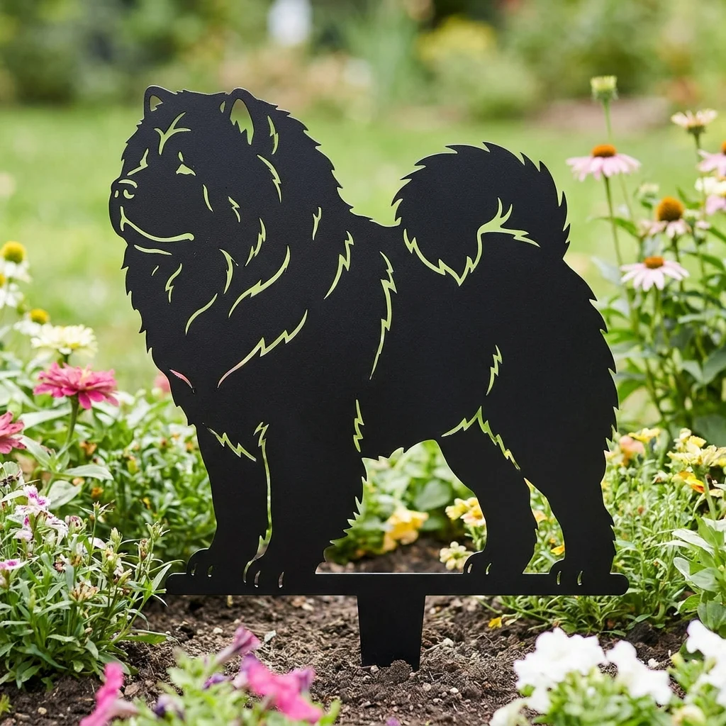 Chow chow v3 – Dekoracja Ogrodowa Metalowa w rabacie kwiatowej