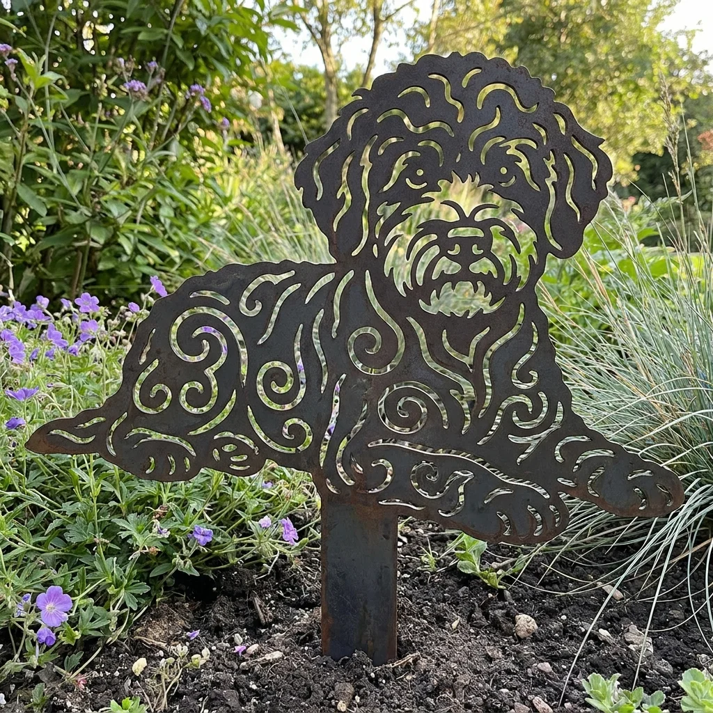 Lagotto – Dekoracja Ogrodowa Metalowa w rabacie z roślinami