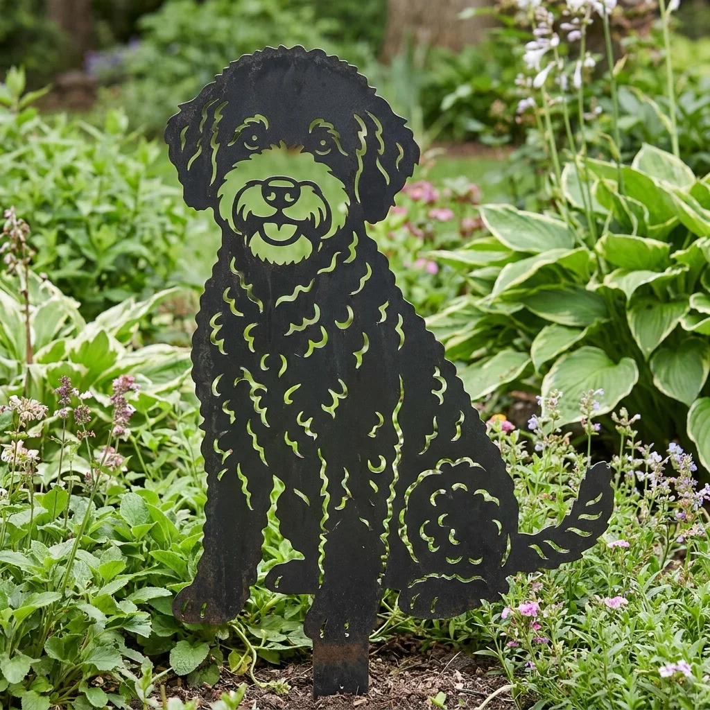 Lagotto v2 – Dekoracja Ogrodowa Metalowa w rabacie z zielonymi roślinami