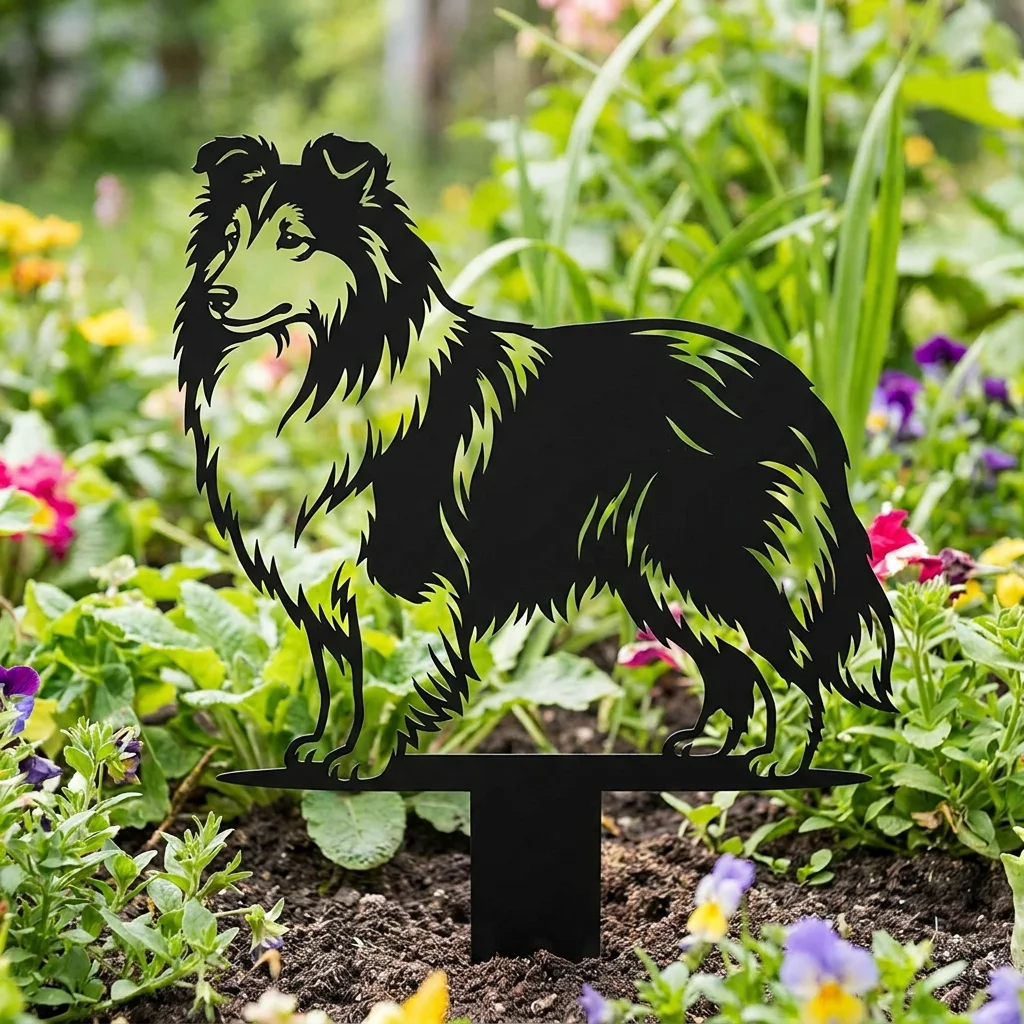 Owczarek szetlandzki Sheltie v3 – Dekoracja Ogrodowa Metalowa w rabacie z kwiatami