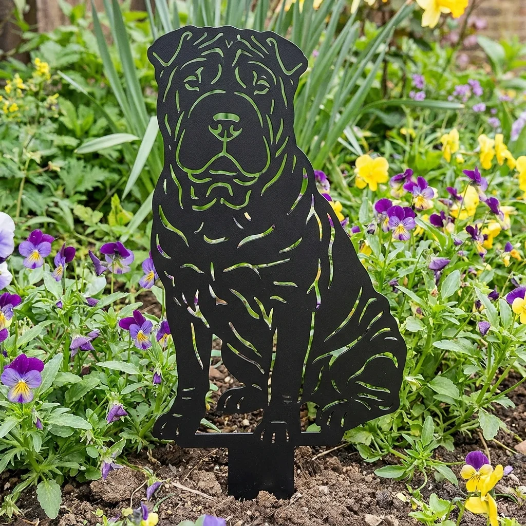 Shar pei – Dekoracja Ogrodowa Metalowa w rabacie z kolorowymi kwiatami