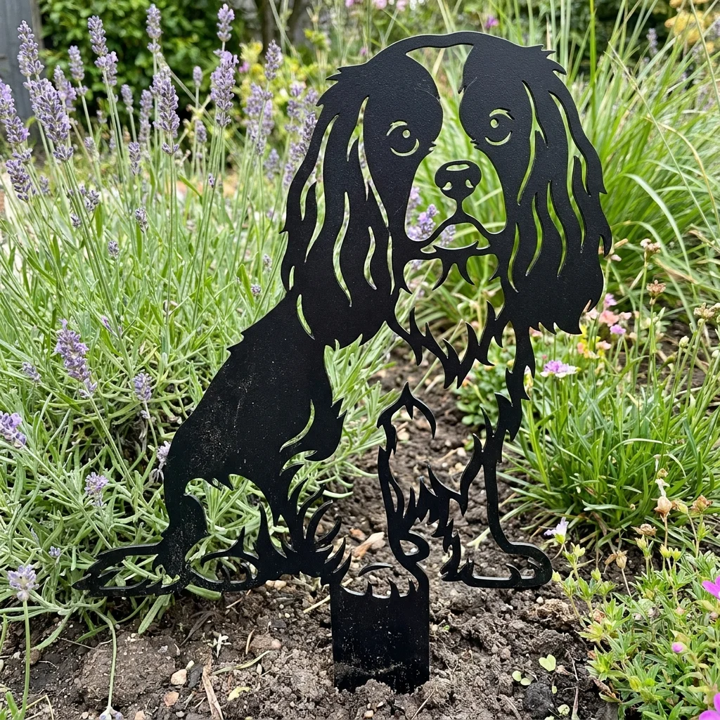 Spaniel king cawalier v2 – Dekoracja Ogrodowa Metalowa w rabacie z lawendą
