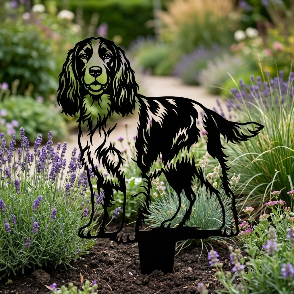 Springer Spaniel angielski v4 – Dekoracja Ogrodowa Metalowa w ogrodowej rabacie