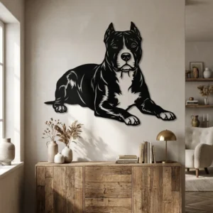 Amstaff - metalowa dekoracja ścienna model 1 na jasnej ścianie