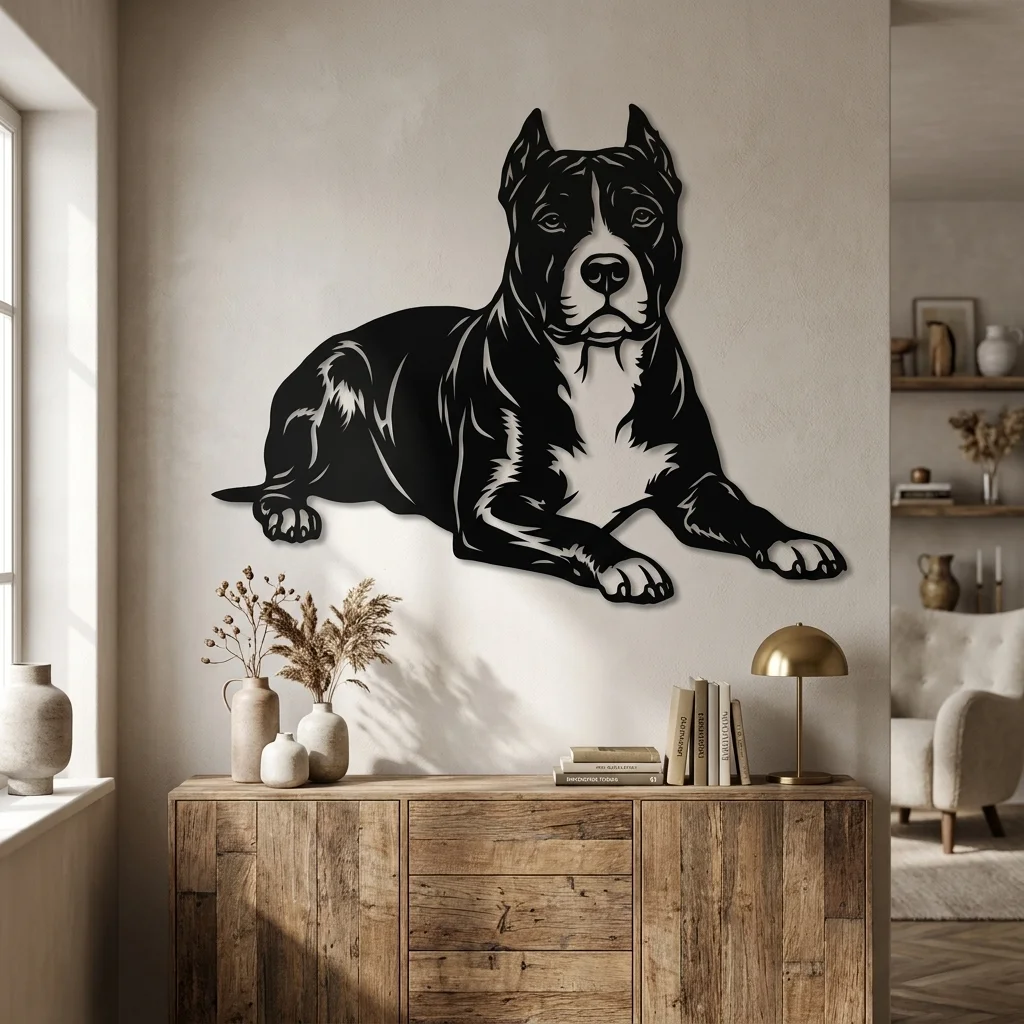 Amstaff - metalowa dekoracja ścienna model 1 na jasnej ścianie