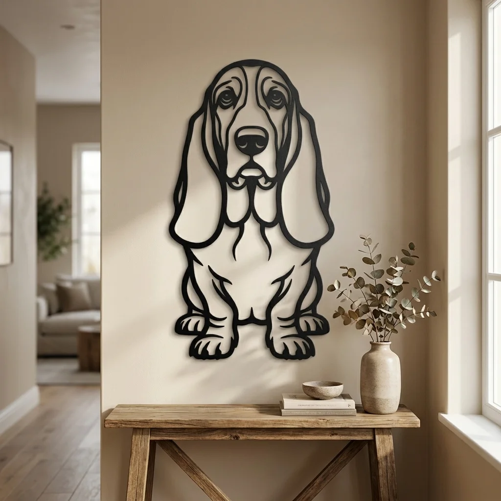 Basset Hound - metalowa dekoracja ścienna model 4 w stylowym wnętrzu