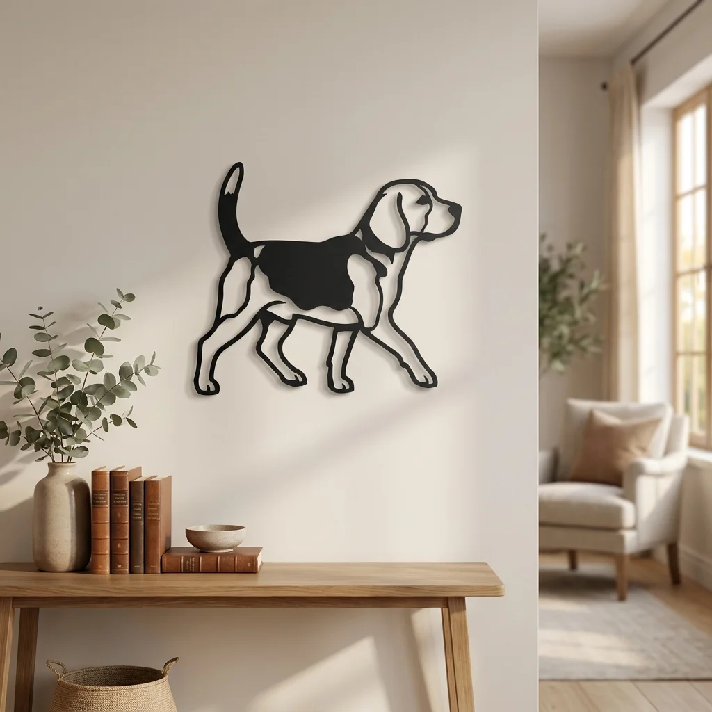 Beagle - metalowa dekoracja ścienna, model 1 na jasnej ścianie