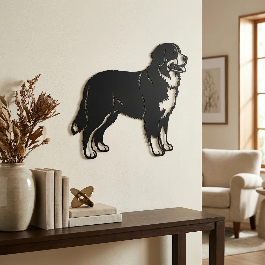 Berneński pies pasterski - metalowa dekoracja ścienna model 4 w stylowym wnętrzu