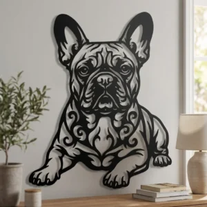 Buldog Francuski - metalowa dekoracja ścienna, model 3 na ścianie we wnętrzu