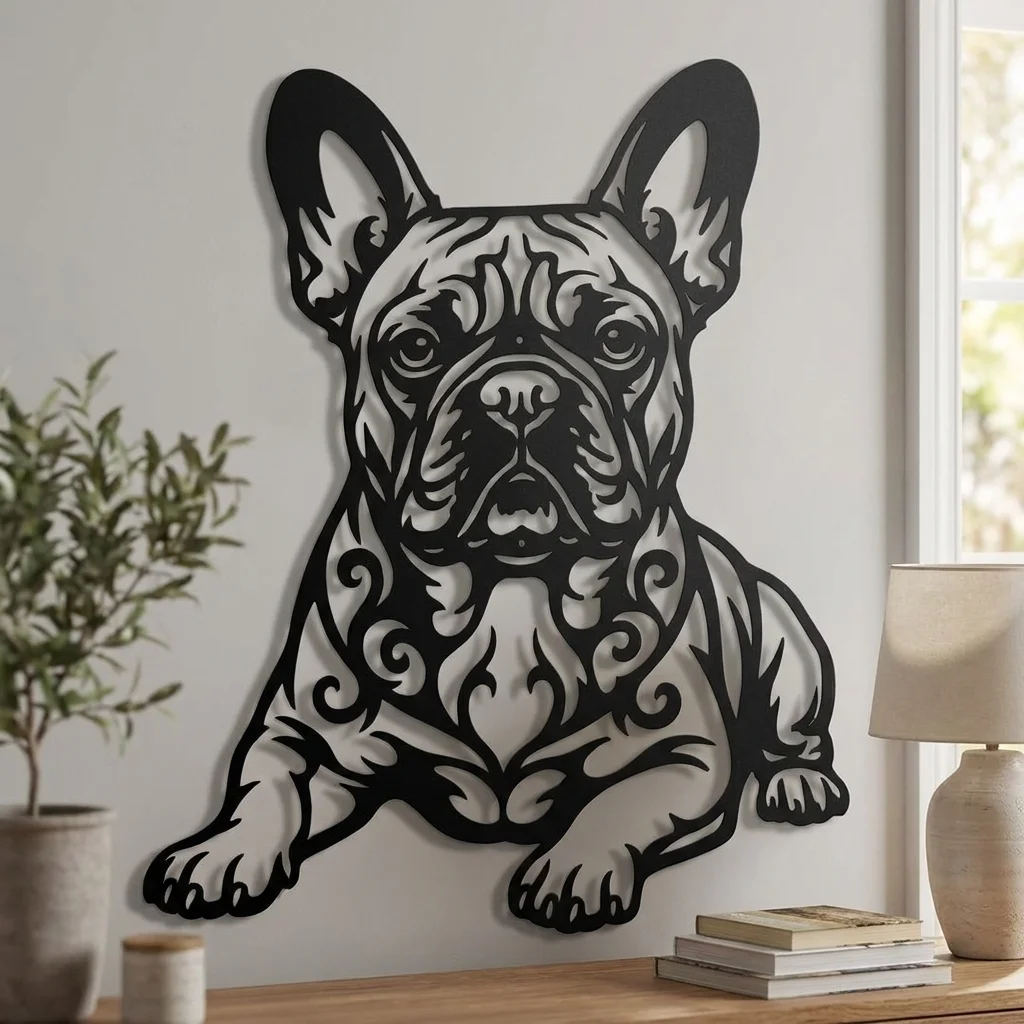 Buldog Francuski - metalowa dekoracja ścienna, model 3 na ścianie we wnętrzu