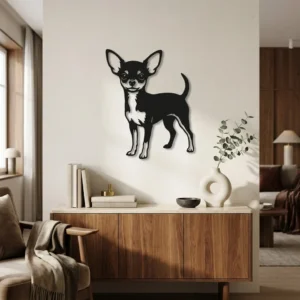 Chihuahua - metalowa dekoracja ścienna, model 1 na jasnej ścianie