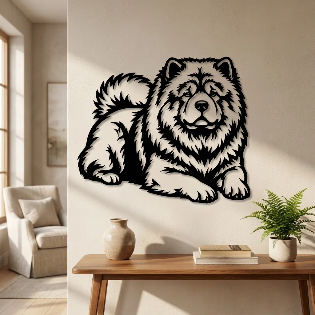 Chow Chow - metalowa dekoracja ścienna model 1 na jasnej ścianie
