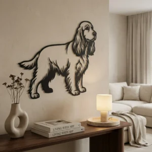 Cocker Spaniel - metalowa dekoracja ścienna model 1 na jasnej ścianie