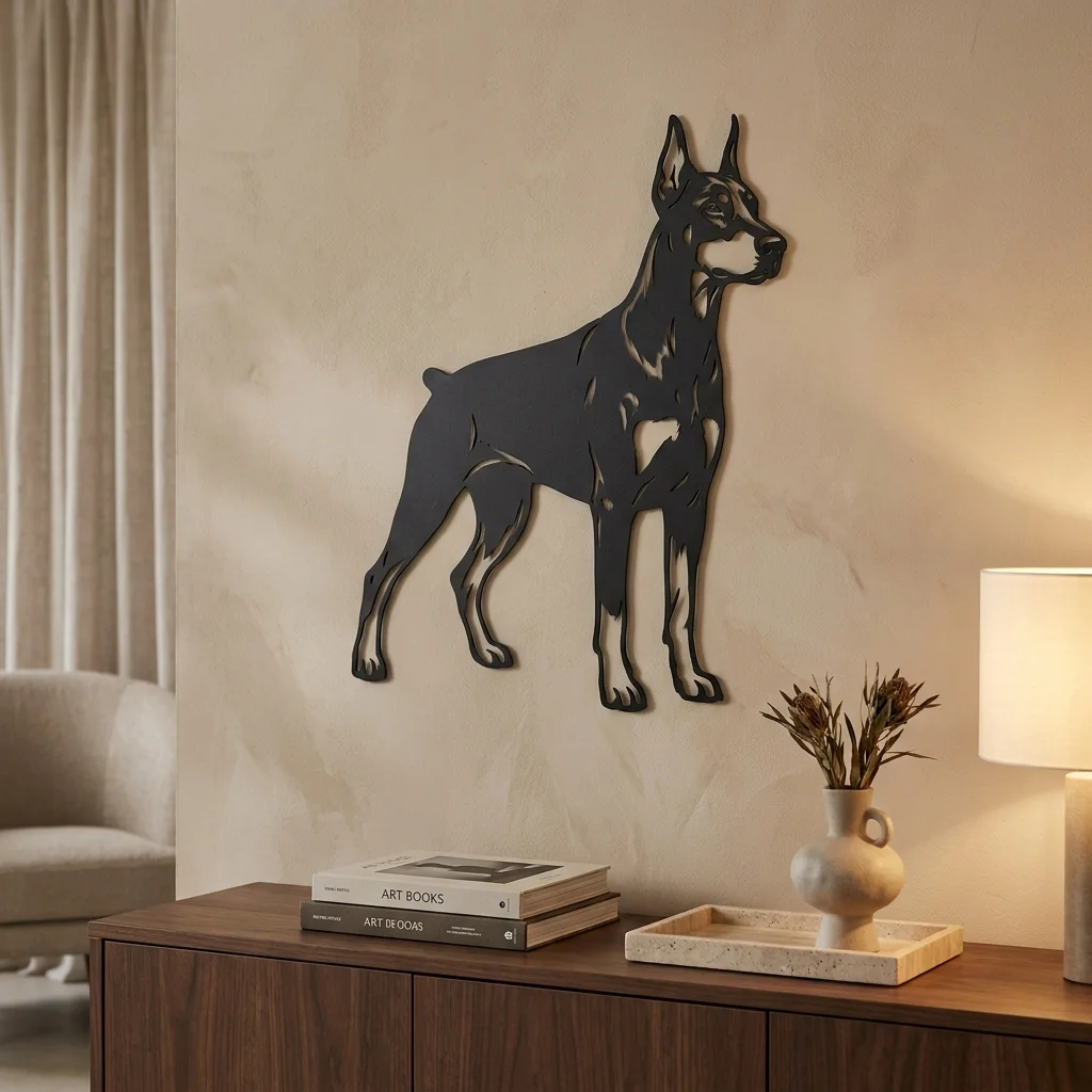 Doberman - metalowa dekoracja ścienna model 1 na jasnej ścianie