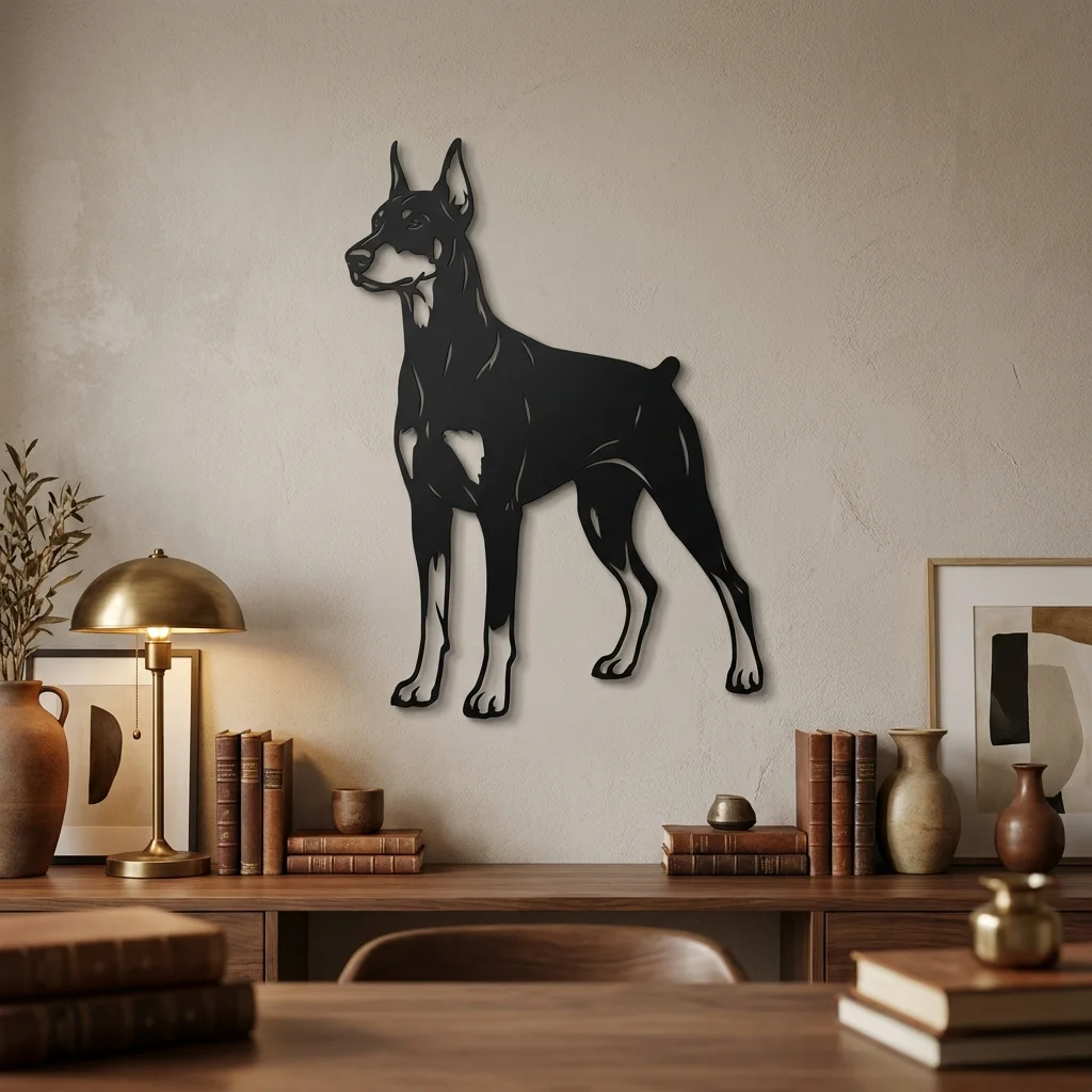 Doberman - metalowa dekoracja ścienna model 3 na ścianie we wnętrzu