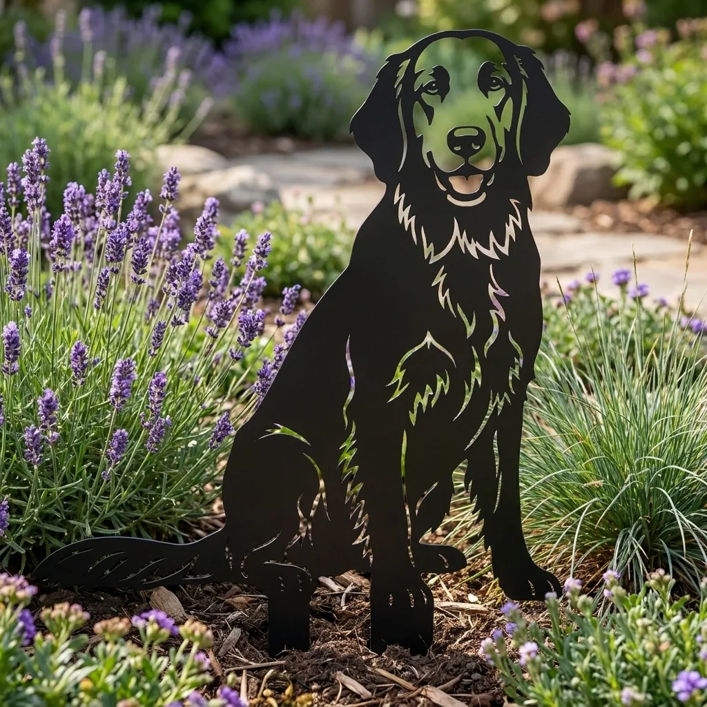 Flat-Coated Retriever v2 – Dekoracja Ogrodowa Metalowa w rabacie z lawendą