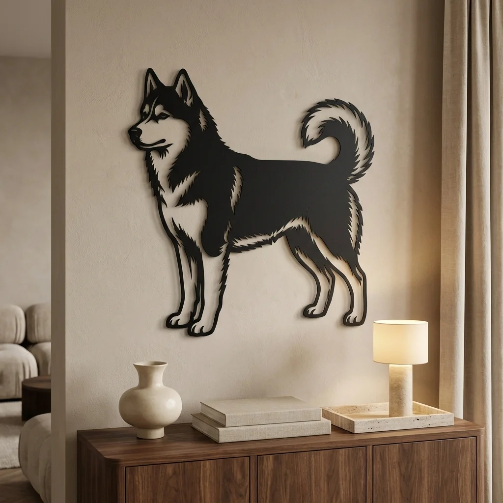 Husky syberyjski - metalowa dekoracja ścienna model 1 na jasnej ścianie
