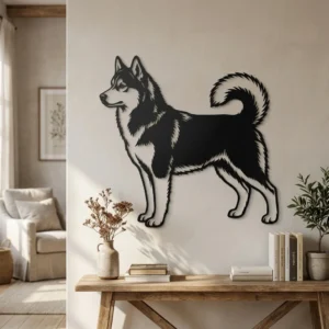 Husky syberyjski - metalowa dekoracja ścienna model 4 w stylowym wnętrzu
