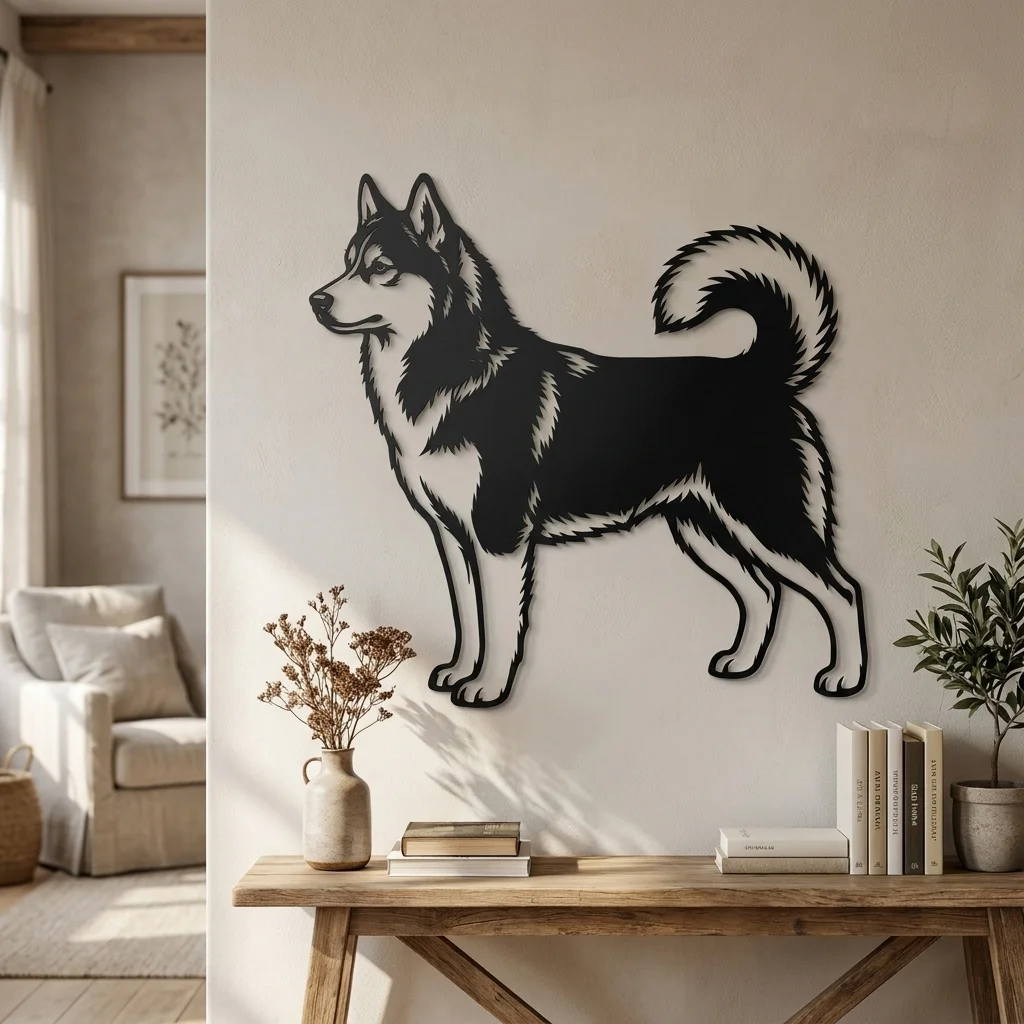 Husky syberyjski - metalowa dekoracja ścienna model 4 w stylowym wnętrzu