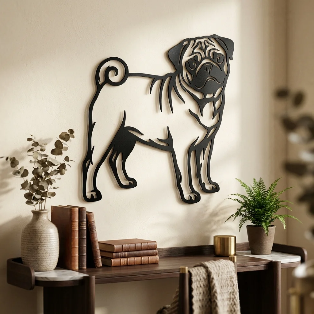 Mops - metalowa dekoracja ścienna, model 2 jako ozdoba do wnętrza