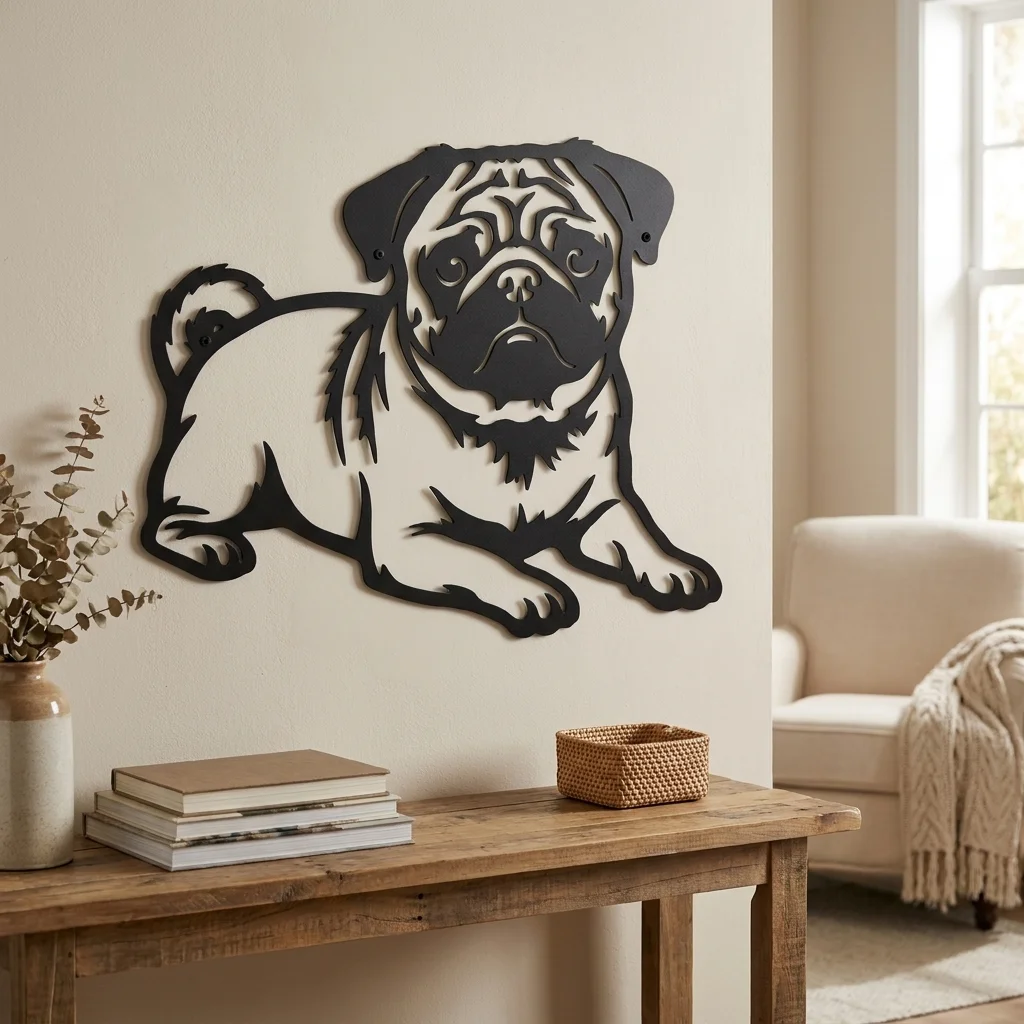 Mops - metalowa dekoracja ścienna, model 4 w stylowym wnętrzu
