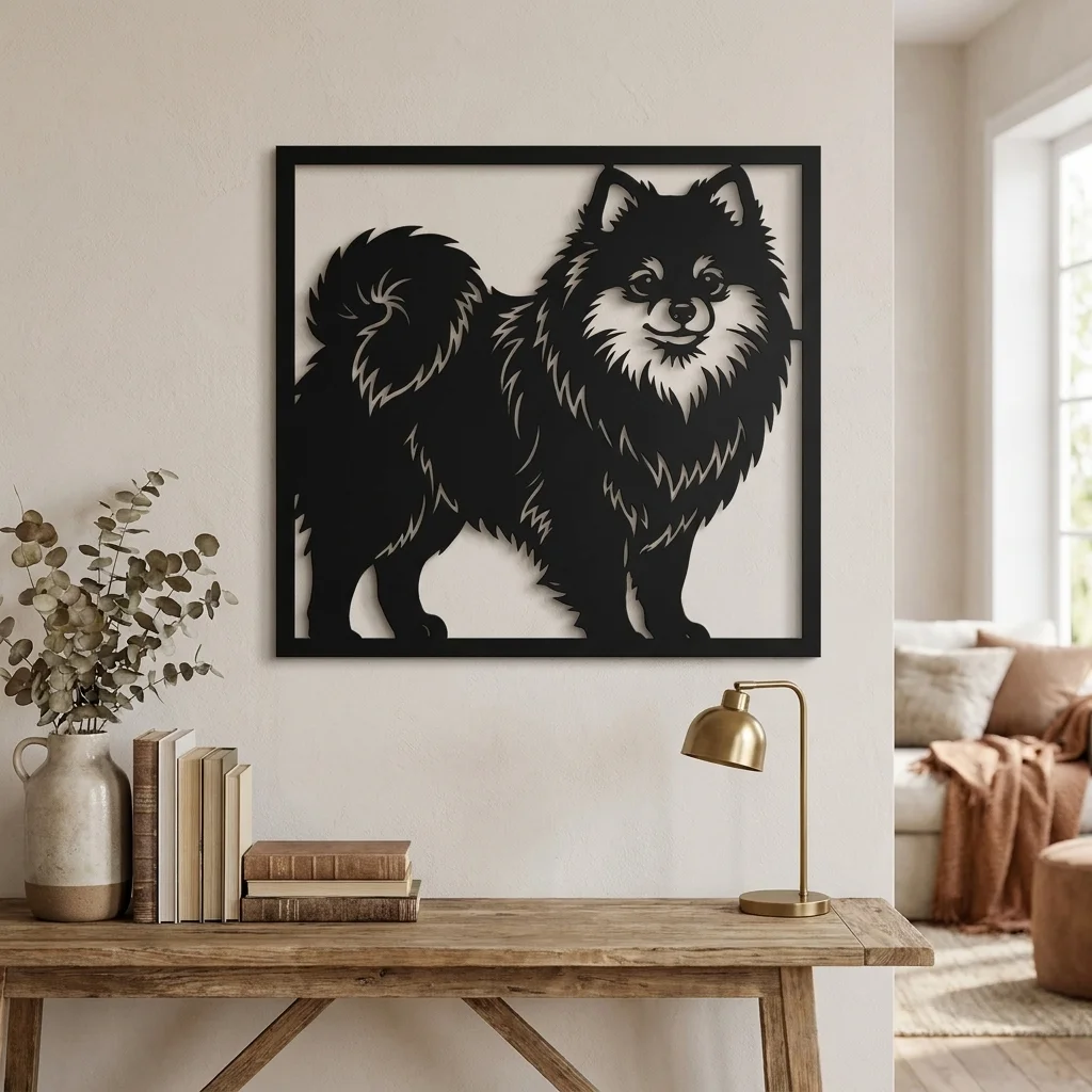 Pomeranian - metalowa dekoracja ścienna, model 1 na jasnej ścianie