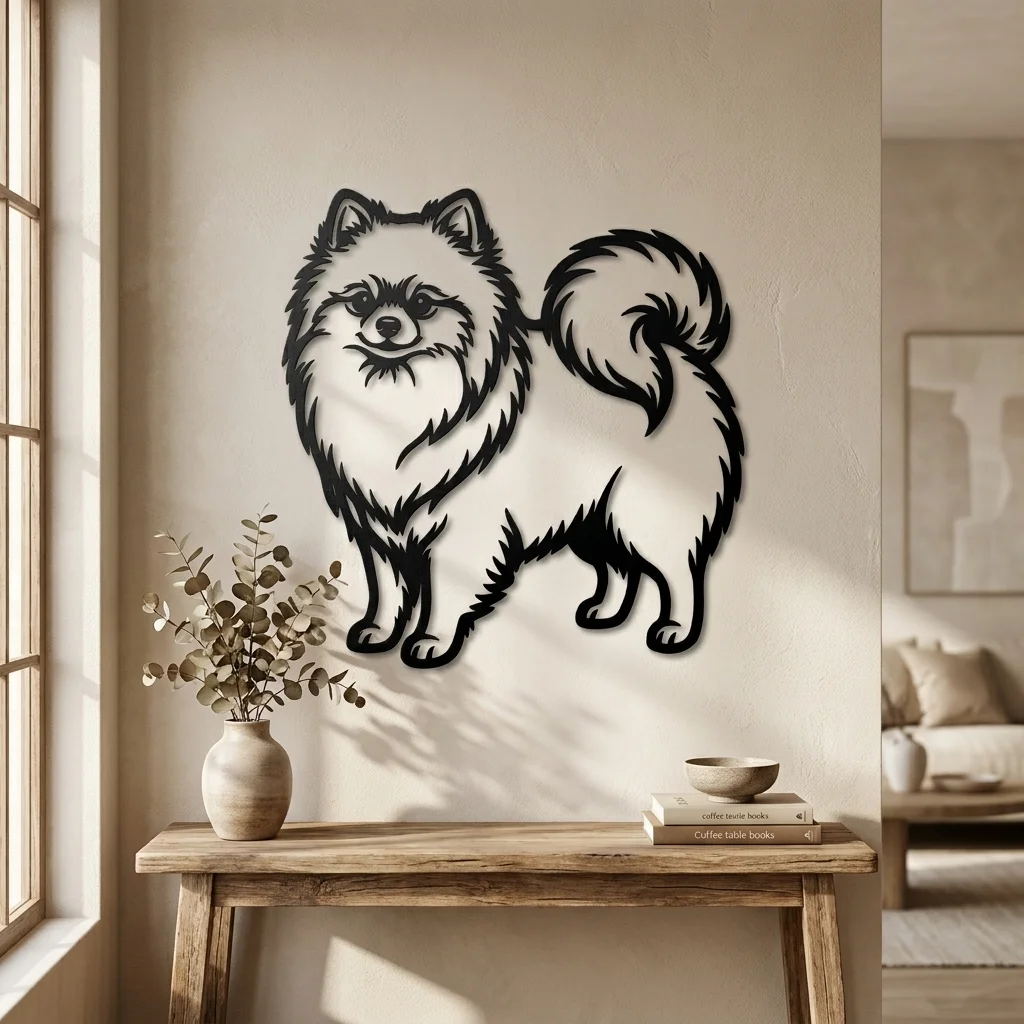 Pomeranian - metalowa dekoracja ścienna, model 4 w stylowym wnętrzu