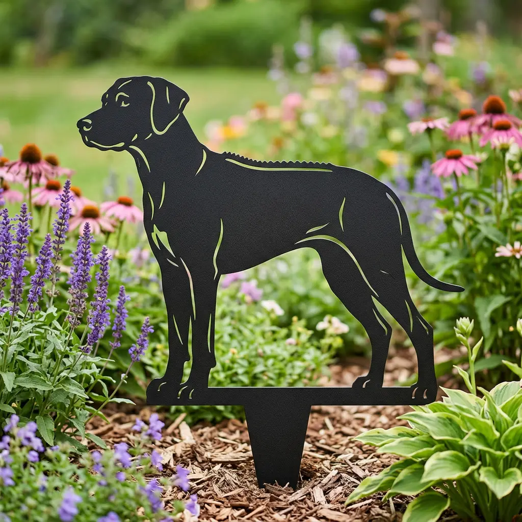 Rhodesian Ridgeback v2 – Dekoracja Ogrodowa Metalowa wśród kwiatów