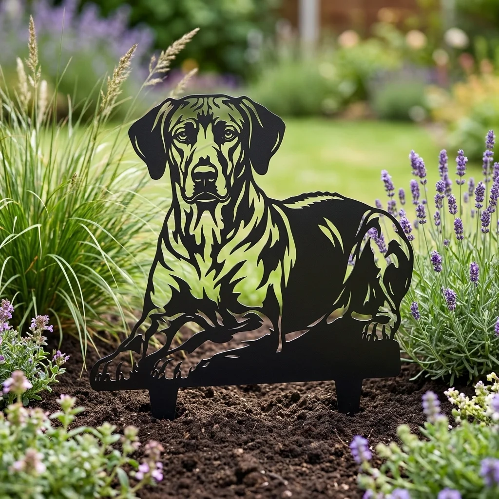 Rhodesian Ridgeback – Dekoracja Ogrodowa Metalowa w rabacie ogrodowej