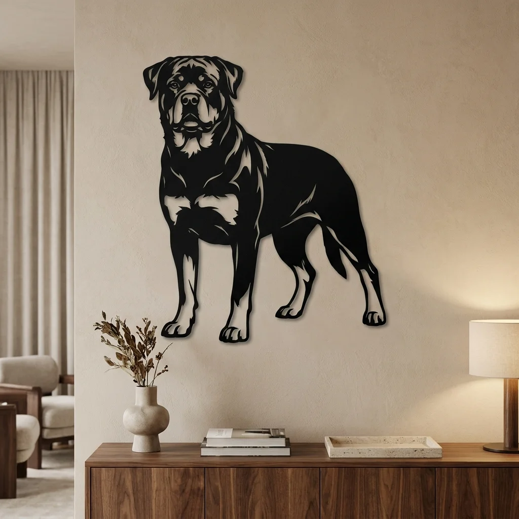 Rottweiler - metalowa dekoracja ścienna model 1 na jasnej ścianie