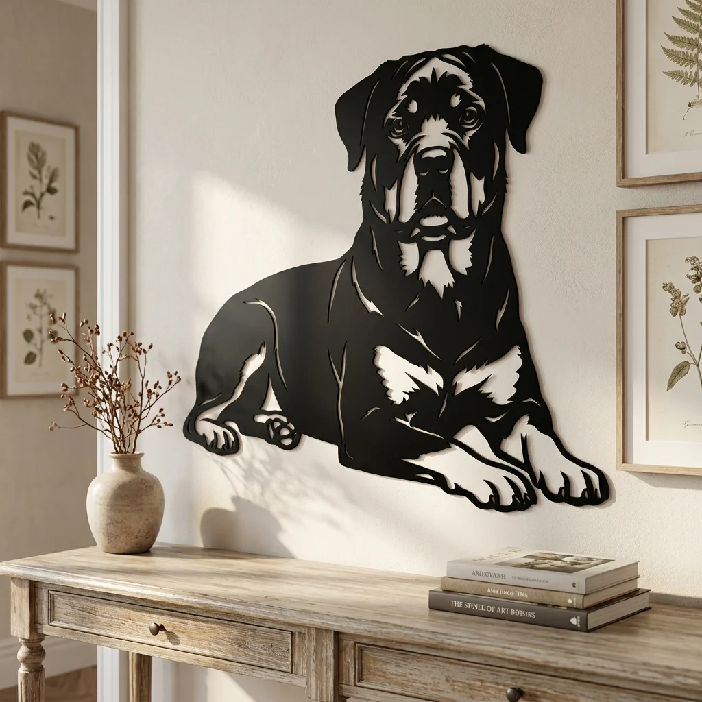 Rottweiler - metalowa dekoracja ścienna model 4 w stylowym wnętrzu