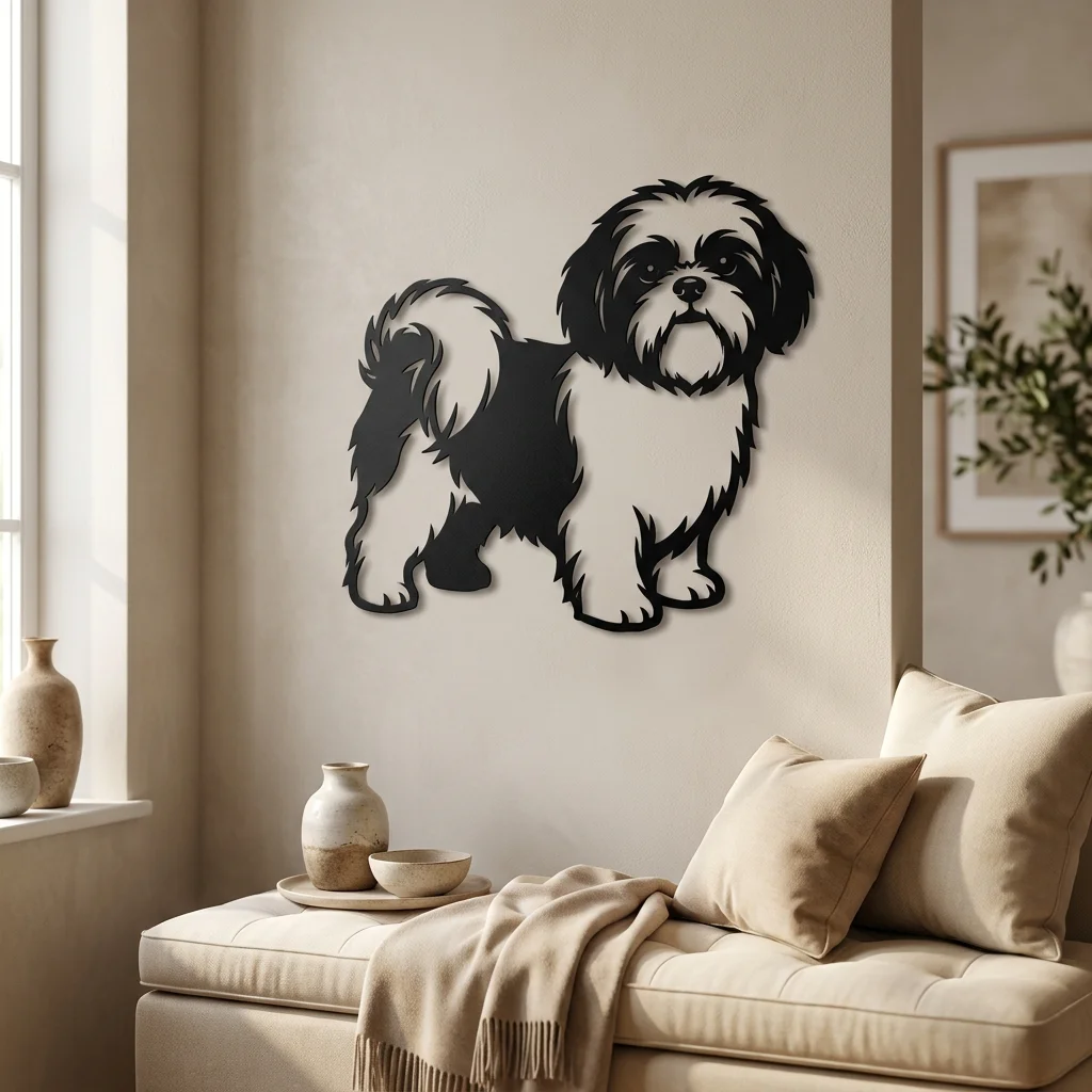 Shih Tzu - metalowa dekoracja ścienna, model 4 w stylowym wnętrzu