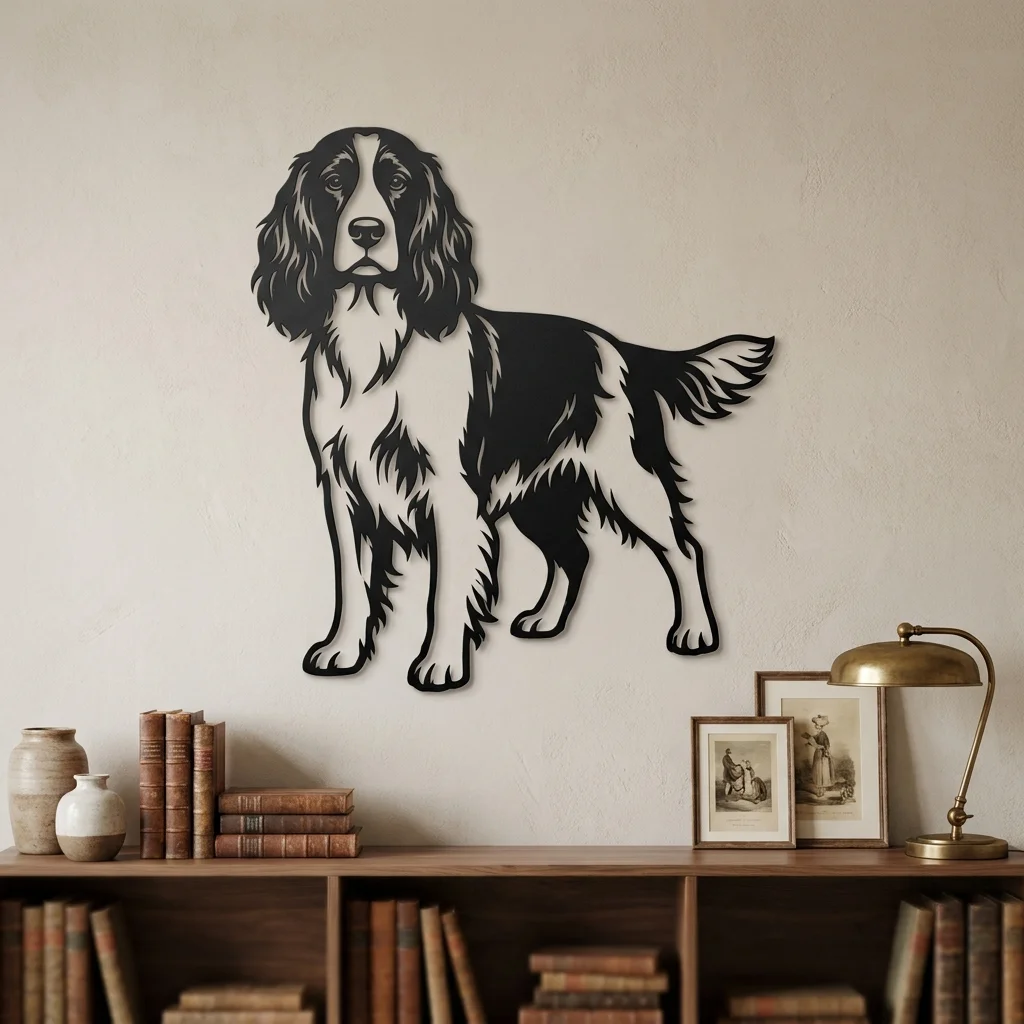 Springer Spaniel angielski - metalowa dekoracja ścienna model 1 na jasnej ścianie