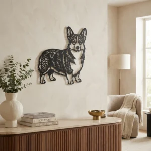 Welsh Corgi - metalowa dekoracja ścienna, model 1 na jasnej ścianie