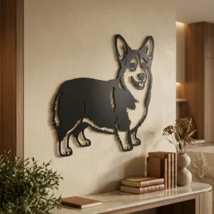 Welsh Corgi - metalowa dekoracja ścienna, model 3 na ścianie we wnętrzu