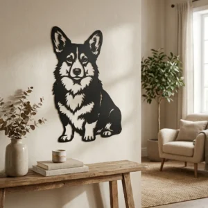 Welsh Corgi - metalowa dekoracja ścienna, model 4 w stylowym wnętrzu