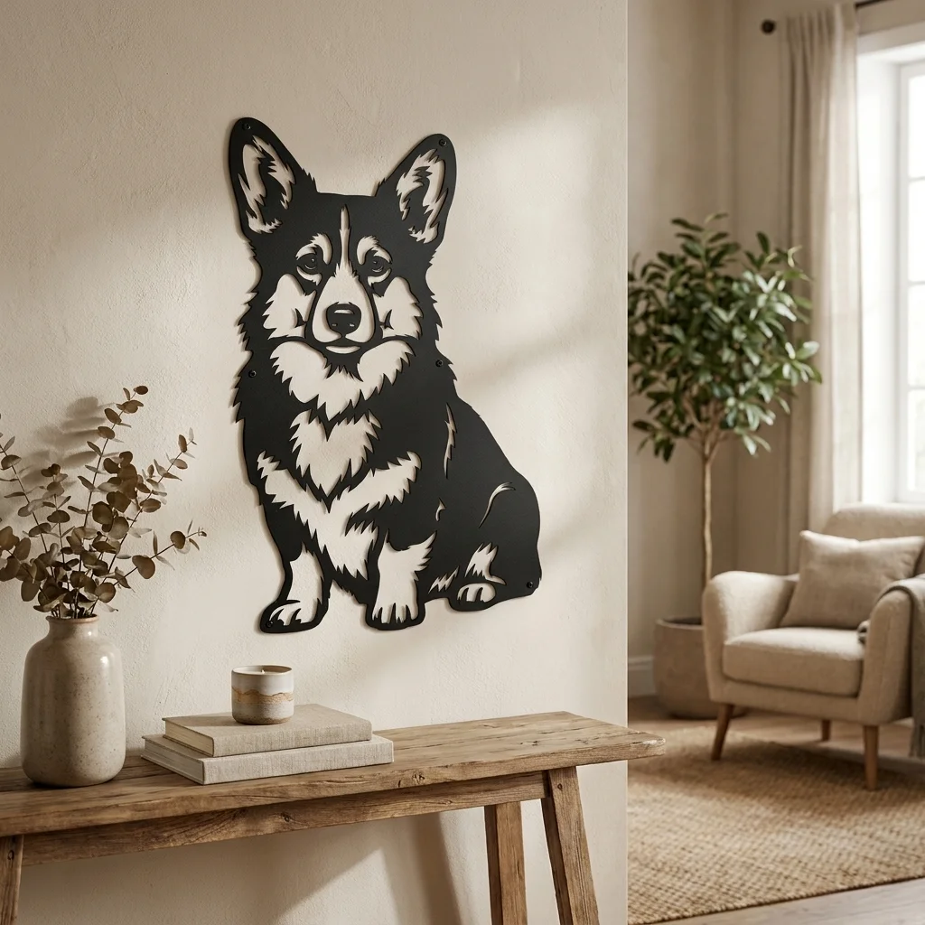 Welsh Corgi - metalowa dekoracja ścienna, model 4 w stylowym wnętrzu