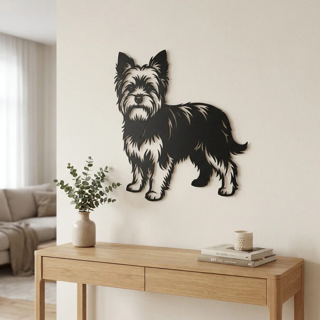 Yorkshire Terrier - metalowa dekoracja ścienna model 1 na jasnej ścianie