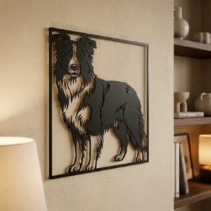 Border Collie - metalowa dekoracja ścienna model 3 na ścianie we wnętrzu