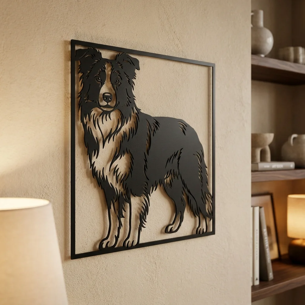 Border Collie - metalowa dekoracja ścienna model 3 na ścianie we wnętrzu