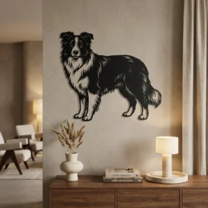 Border Collie - metalowa dekoracja ścienna model 1 na jasnej ścianie