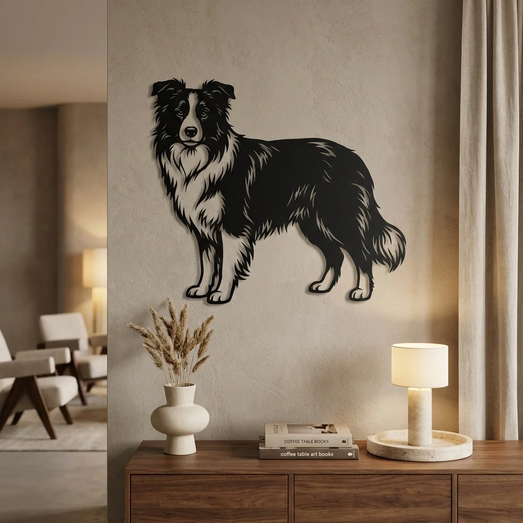 Border Collie - metalowa dekoracja ścienna model 1 na jasnej ścianie