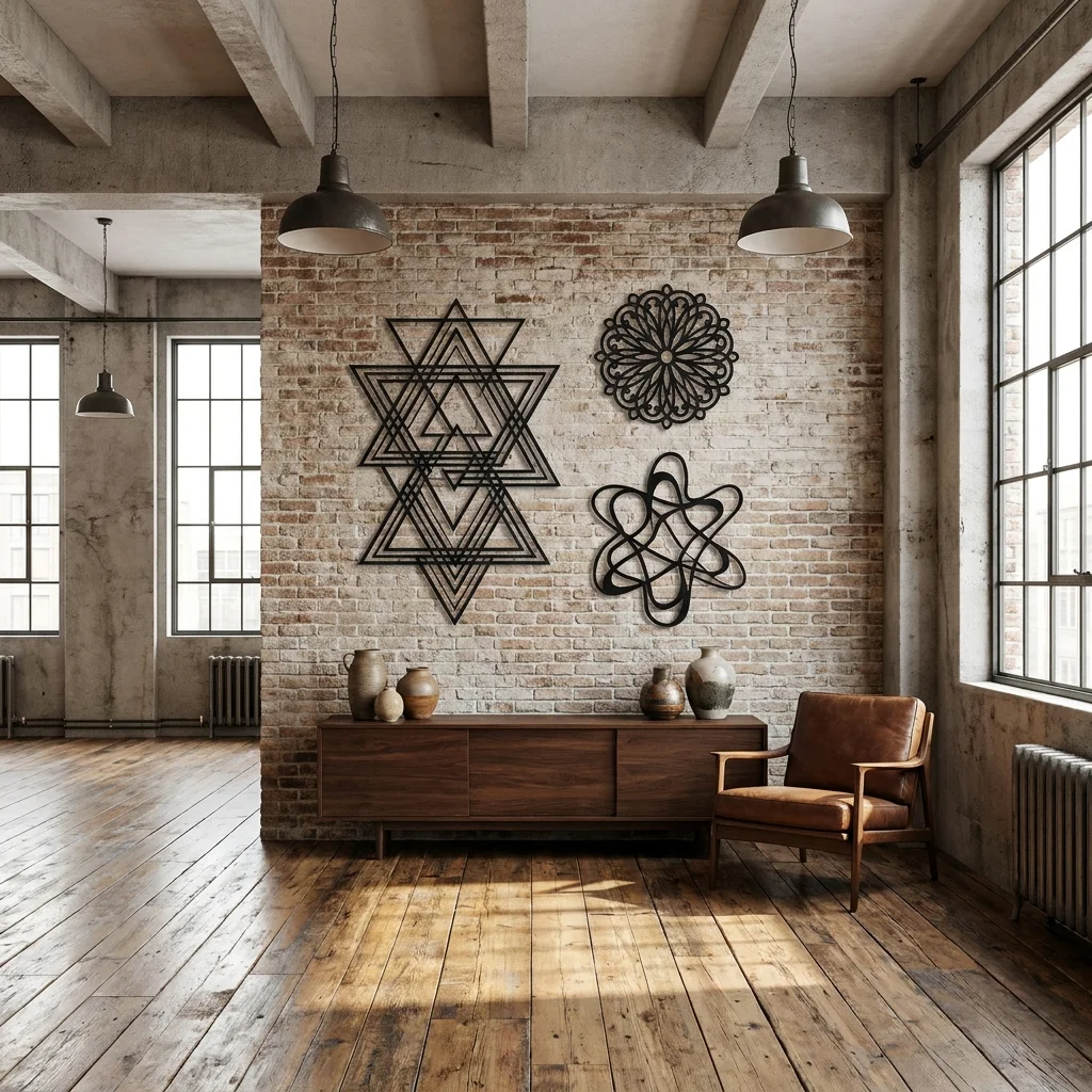 Metalowe dekoracje ścienne geometryczne i rozety jako prezent do domu loft