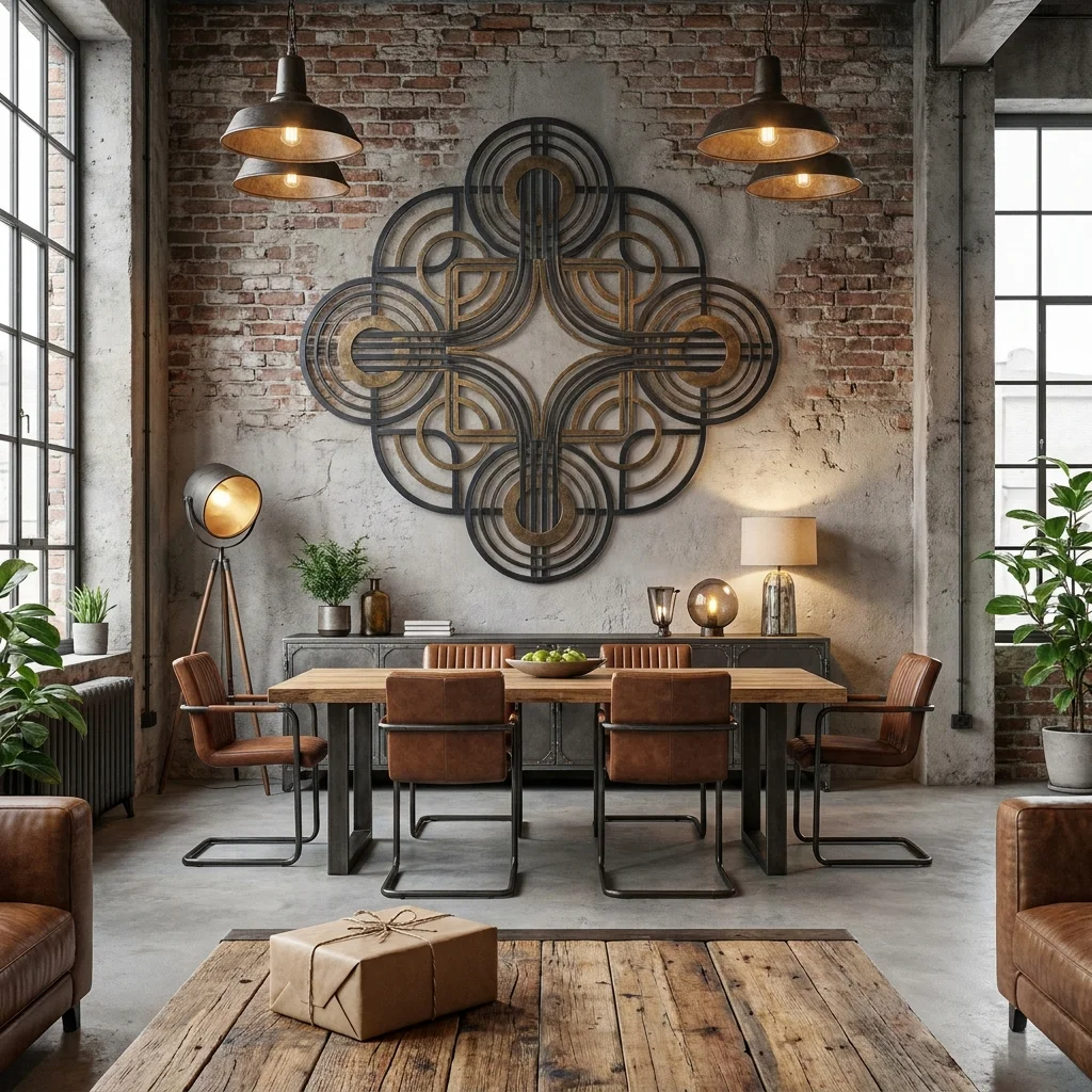 Prezent do domu loft z metalową dekoracją ścienną w stylowym wnętrzu